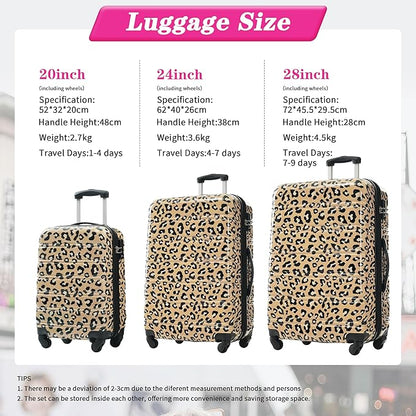 Merax Leopard Print Luggage Sets, 3 Piece Expandable Suitcase Set with Spinner Wheels,Large Checked Travel Suitcases and Carry On Travel Luggage, 100% PC, TSA Lock,Brown