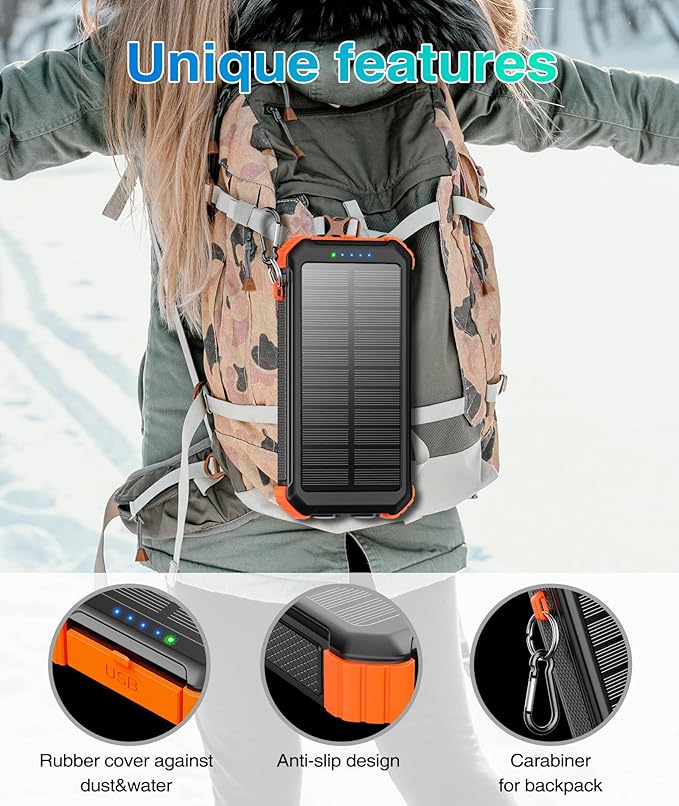LATIMERIA 45800mAh Solar Charger Power Bank, Portable Phone Charger with 5V3.1A QC 3.0 Fast Charging, Solar Panel USB C in/Output for Cellphone, External Battery Pack with Dual Flashlights for Hiking
