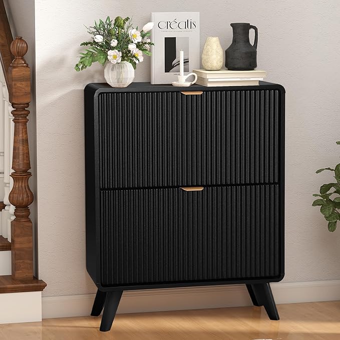 RARZOE Fluted Shoe Storage Cabinet with 2 Flip Drawers, Narrow Curved Shoe Cabinet for Entryway, Freestanding Wood Hidden Shoe Organizer Closed Shoe Rack Cabinet for Foyer, Hallway (27.5''Black)