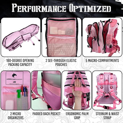AMERICANPHOENIX 45L Elite Tactical Backpack | 3X Stronger Work & Military Backpack | Water Resistant and Heavy Duty | 3 Day MOLLE Bug Out Bag (Rose Pink)