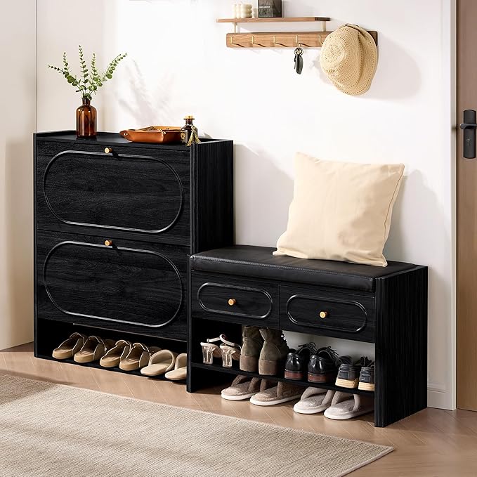 ORRD Shoe Storage Cabinet with 2 Flip Drawers, Wood Narrow Shoe Cabinet for Entryway, Fluted Hidden Shoe Organizer, Freestanding Slim Shoes Cabinets for Foyer, Hallway-Black