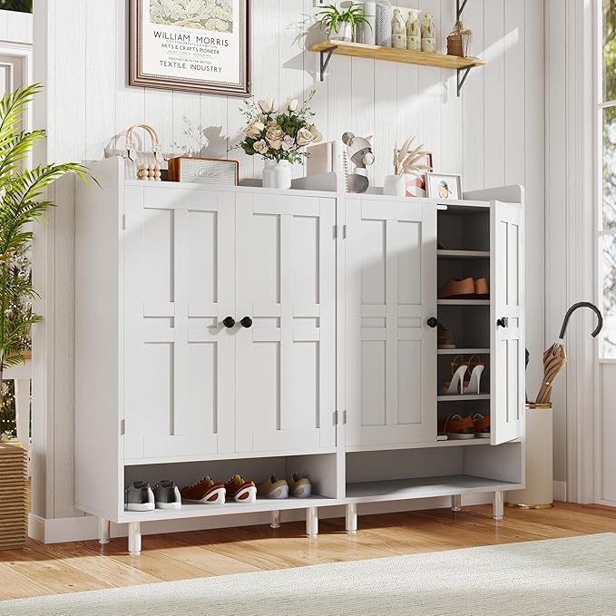 Entrance Shoe Cabinet with Doors,6-Tier Farmhouse Shoe Storage Organizer with Adjustable Shelves Holds 18-26 Pairs and Metal Legs, Entry Organizer Entryway, Living Room (White)