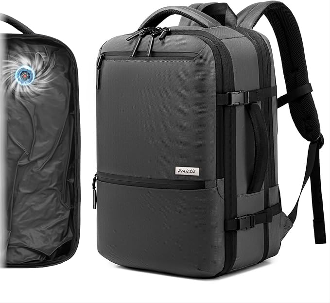Dinictis Vacuum Seal Travel Backpack 60L Built-in Pump, Expandable Backpack with Vacuum Compression Fits 17 inch Laptop, Water Resistant Carry On Suitcase Luggage for Short Trip and Business-Dark Grey