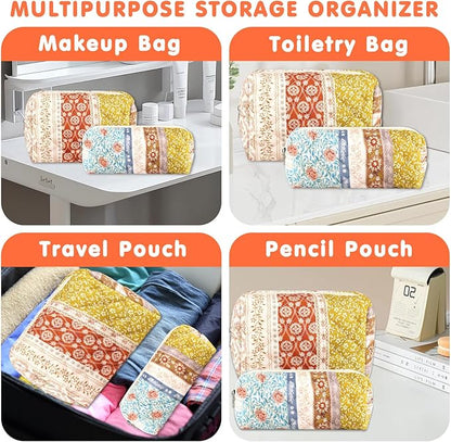 2Pcs Floral Makeup Bag for Women Cotton Quilted Coquette Cosmetic Bag Cute Zipper Mixed Flower Makeup Pouch Aesthetic Portable Pencil Pouch Travel Toiletry Bag Trendy Cloth Skincare Bag