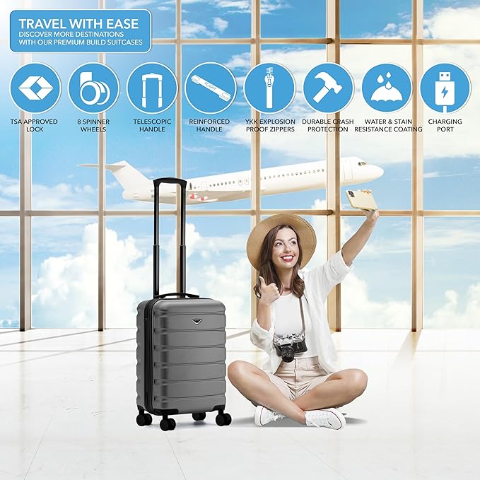 Flight Knight 21.5x15.5x9" Expandable Carry On Suitcase Hardside TSA Lock & USB C Port Lightweight Luggage Silent Double Spinner Wheels Maximum Canada Air Overhead Carry-On Bag Many Airlines Approved