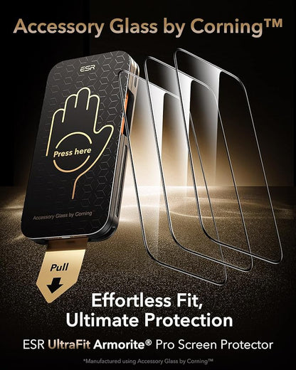 ESR Accessory Glass by Corning™ 3 Pack 9H+ Glass for iPhone 17 Pro Screen Protector, with AR Anti-Reflective Technology, Military Grade Shatterproof & Durable with UltraFit Tray