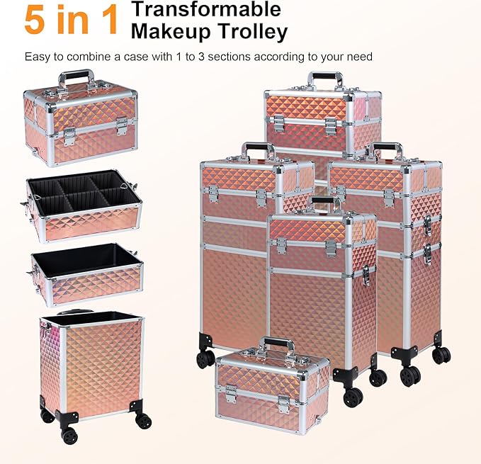 Professional Rolling Makeup Case, Cosmetology Case on Wheels 4 in 1 Large Cosmetic Train Case, Ideal Gift for Hairstylist, Nail Techs, Portable Beauty Organizer for Travel or Salon Use