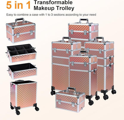 Professional Rolling Makeup Case, Cosmetology Case on Wheels 4 in 1 Large Cosmetic Train Case, Ideal Gift for Hairstylist, Nail Techs, Portable Beauty Organizer for Travel or Salon Use
