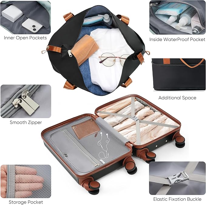 Luggage with Cup Holder and USB Port Carry On Luggage with Cosmetic Carry On Bag