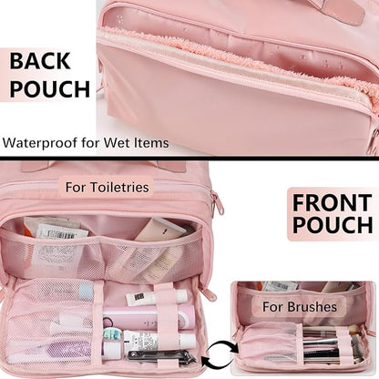 Travel Makeup Bag Large Capacity Cosmetic Organizer Bag for Women,Flat-Opening Make Up Case Travel Bag Waterproof Toiletry Bag for traveling,Toiletries,Essentials,Accessories,Pink