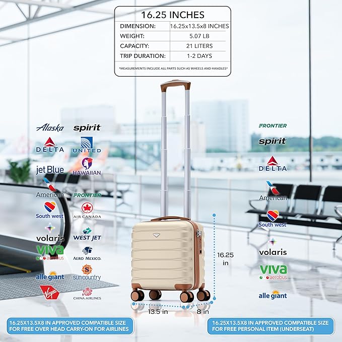 Flight Knight Carry On Suitcase 16.25x13.5x8 Hardside TSA Lock & USB Port Lightweight Luggage Silent Double Spinner Wheels Maximum Underseat Carry-On Bag For Virgin & South West Approved Airlines