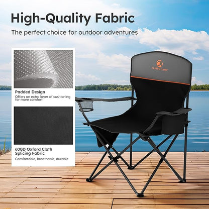 LET'S CAMP Camping Chair 2 Pack Folding Chair with 3-Can Cooler Bag Portable Lawn Chair with Cup Holder,Storage Pocket, Supports 225LBS, Collapsible Chair for Camp, Beach, Picnic (Black)