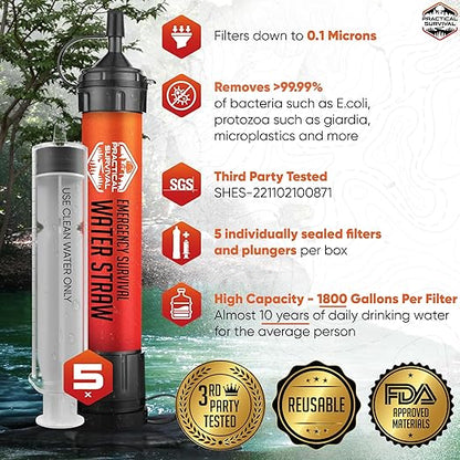 5 High-Capacity Emergency Water Straws – Lightweight, Reusable, 1800-gallon Filters for Camping, Hiking, Travel, Biking, Survival, and Emergencies. No Expiration Date, Perfect for preparedness