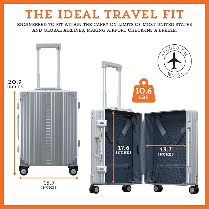 Aleon All Aluminum Lightweight Carry-On Luggage - Hardside Carry-On Suitcase, TSA Approved, Hard Shell Suitcase for Travel, Airline Approved 21 Inch Hard Spinner Wheels Luggage (Platinum)