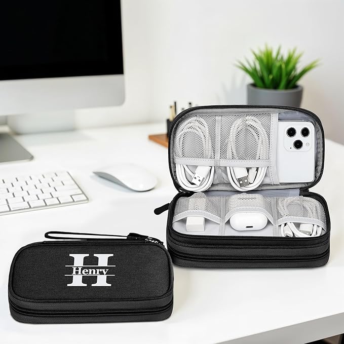Personalized Electronics Organizer Travel Case – Custom Name Compact Cable Storage Bag for Chargers, Cords, USB Flash Drives – Waterproof Tech Pouch for Travel, Business and Daily Organization-Black