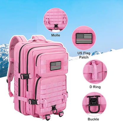 MOLLE Assault Backpack, Tactical Backpack Military Army Camping Rucksack, 3-Day Pack Trip w/USA Flag Patch, D-Rings, Pink