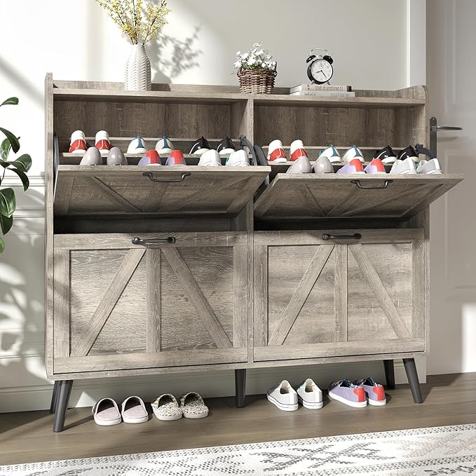 Shoe Cabinet with 4 Flip Drawers, Entryway Shoe Storage Cabinet Slim, Farmhouse Shoe Organizer Cabinet for Entryway, Narrow Hidden Shoe Cabinet with Wooden Legs, Washed Gray