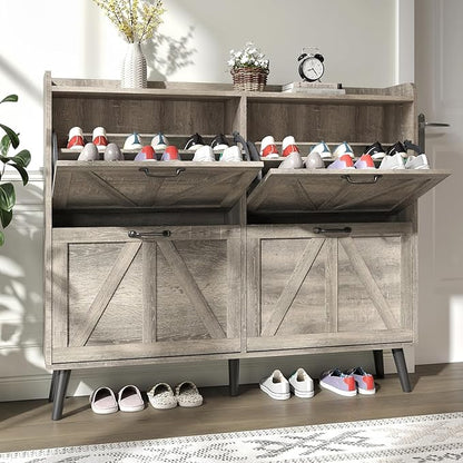 Shoe Cabinet with 4 Flip Drawers, Entryway Shoe Storage Cabinet Slim, Farmhouse Shoe Organizer Cabinet for Entryway, Narrow Hidden Shoe Cabinet with Wooden Legs, Washed Gray