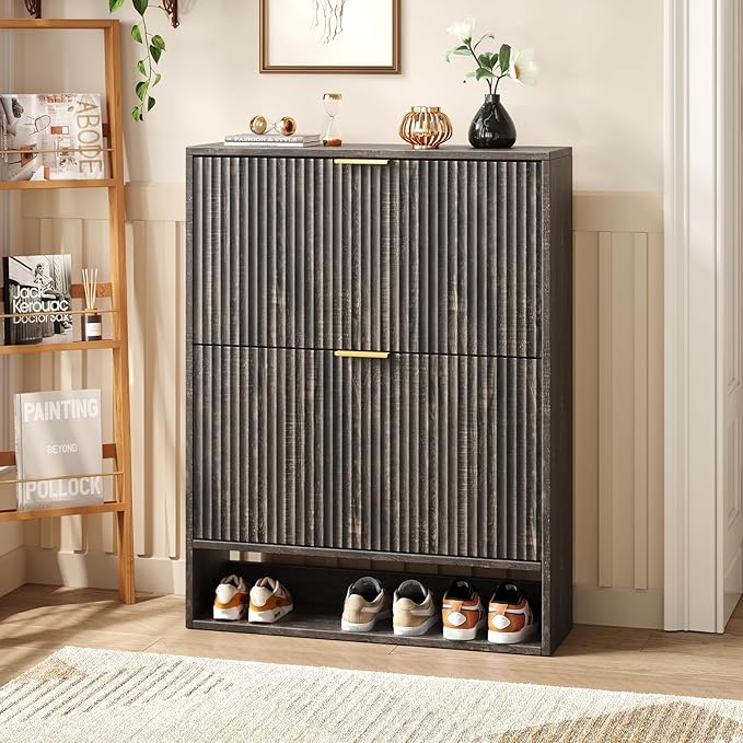 31.5''W Black Shoe Storage Cabinet for Entryway with 2 Flip Drawers, Fluted Slim Shoe Cabinet, Free Standing Wooden Shoes Organizer for Foyer, Hallway