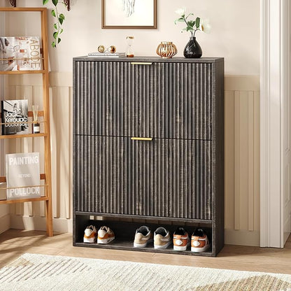 31.5''W Black Shoe Storage Cabinet for Entryway with 2 Flip Drawers, Fluted Slim Shoe Cabinet, Free Standing Wooden Shoes Organizer for Foyer, Hallway