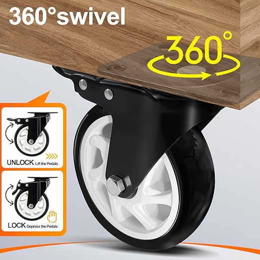 5 Inch Heavy Duty Caster Set of 4, Swivel Plate Castor Wheels with Dual Locking Brakes, Silent Polyurethane (PU) Wheels, 360 Rotation, 2800lbs Load Capacity-Black