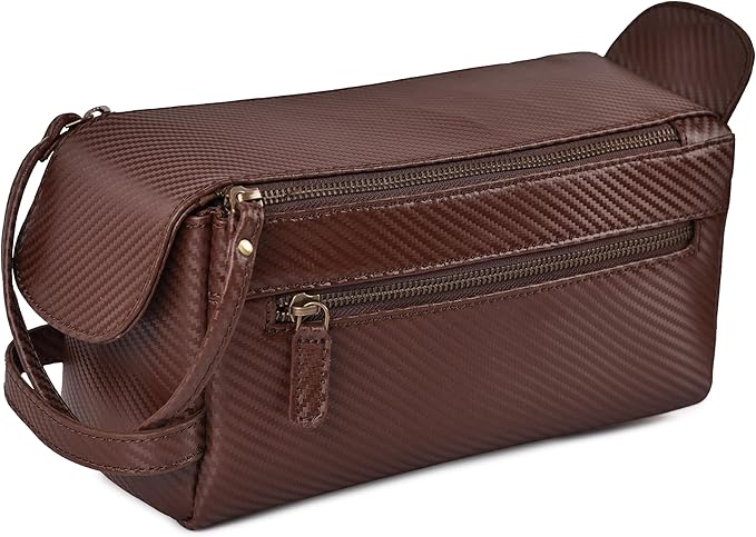 LEATHER VILLAGE Premium Carbon Fiber Genuine Leather Travel Toiletry Bag - Large Dopp Kit, Water-Resistance Bathroom & Shaving Organizer for Men & Women - Brown