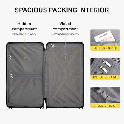 LEVEL8 Trunk Luggages, Large Suitcase 28 Inch Luggage with Spinner Wheels, Luminous Textured Checked Lightweight Hard Shell with Tsa Lock, Black