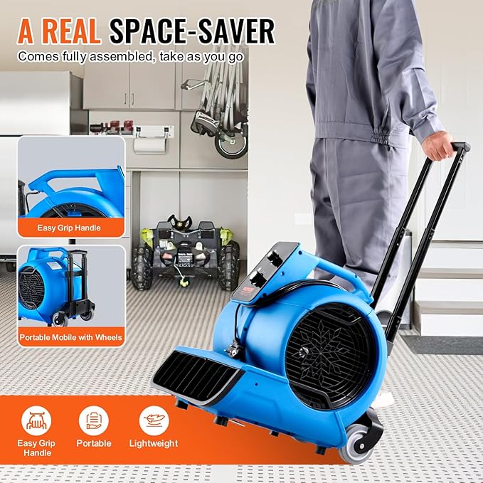 VEVOR Floor Blower, 1560 RPM 4000 CFM, Air Mover for Drying and Cooling, Portable Carpet Dryer Fan with 3 Blowing Angles, Timer, 3-Speeds Adjustment, for Janitorial, Home, Commercial Use