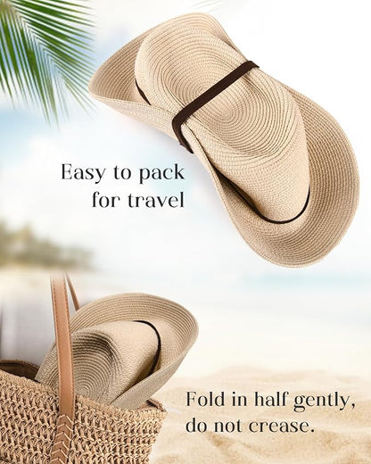 FURTALK Womens Summer Straw Sun Hats Wide Brim Panama Fedora Beach Hat with Wind Lanyard UPF 80+