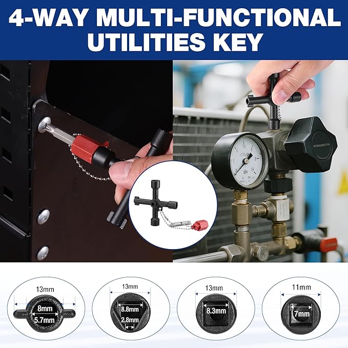WORKPRO 28" Water Meter Key with 4 Way Utility Key, Heavy Duty Steel Water Shut Off Curb Key with Non-Slip T-Handle, Extended Reach Valve Tool for Outdoor Underground Water Valves