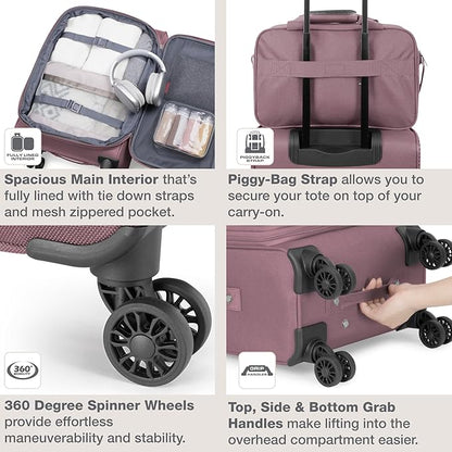 U.S. Traveler Rio Lightweight Softside Rolling Carry-on Suitcase, 4-Wheel Set, Mauve