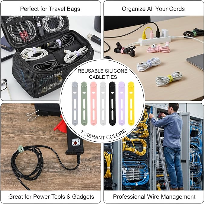 42 PCS Silicone Cable Ties Reusable, Silicone Cord Ties Reusable Cord Keeper Organizer for Office, Multipurpose Elastic Cable Silicones Wire Tie for Bundling Fastening Earphone Phone Charging Cords