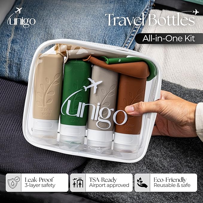 unigo Travel Bottles For Toiletries, 3.oz TSA Approved Containers, Travel Size Toiletries, Shampoo and Conditioner Bottles, Leak Proof and Refillable Bottles, Extra Bottle Covers (Multicolor C)
