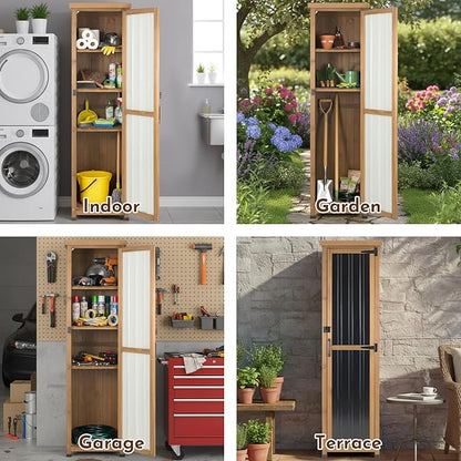 62" Tall Narrow Storage Cabinet Wood & Metal, Garden Slim Cabinet Freestanding with Adjustable Shelves for Small Spaces,Kitchen,Tool Organizer,Cleaning Supplies,Towel Storage