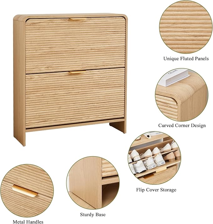 RARZOE Fluted Shoe Cabinet with 2 Flip Drawers, Narrow Curved Shoe Storage Cabinet for Entryway, Freestanding Wood Hidden Shoe Organizer Closed Shoe Rack Cabinet for Foyer, Hallway (29.5''Natural)