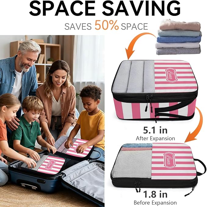 Custom 6 Set Compression Packing Cubes with Name Personalized Compressible Expandable Packing Organizers Luggage Carry On Suitcase Bags Travel Accessories Gifts, Deep Pink Stripe
