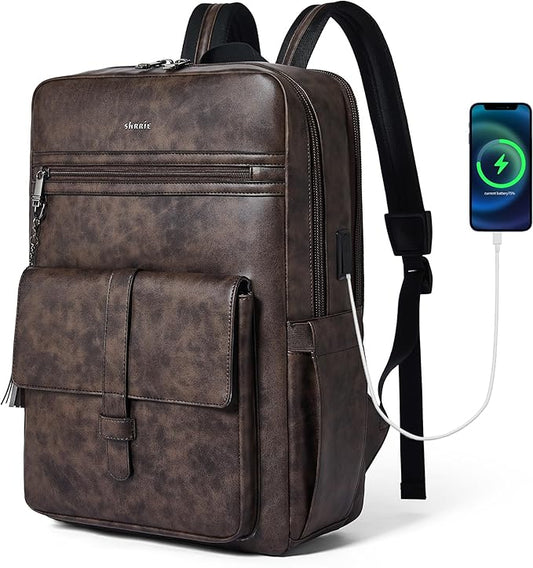 Shrrie 16 inch Vegan Leather Laptop Backpack with USB Charger,Smart Computer Backpack for Men and Women Business,Work,Office,College