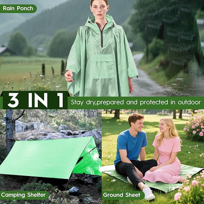 Bruvoalon 3-in-1 Rain Poncho with 1/4 Zip & Chest Pocket, Waterproof, Sunshade, Ground Mat for Adults & Youth Emergency
