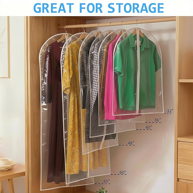 All Clear Garment Bags for Travel - 48” PEVA Waterproof Suit Cover with Zipper for Hanging Clothes, long dress - Durable Dresser for Closet Storage, Dustproof & Moisture Resistant - 48”/6 Pack
