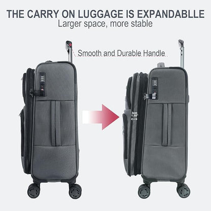 KROSER Softside Expandable Carry On Luggage with Front Business Pockets，20 Inch Suitcases with Spinner Wheels & Built-in TSA Lock, Durable Suitcase Rolling Luggage with USB Port, Grey