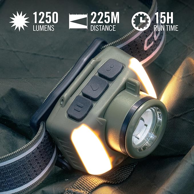 Coast FL97R Voice-Controlled 1200 Lumen Rechargeable LED Headlamp with Pure Beam® Spot & Flood, ARC Lighting, Red & Green Color Modes, Glide Focus™ Radial Arm Dial and USB-C Charge Port, Forest Green
