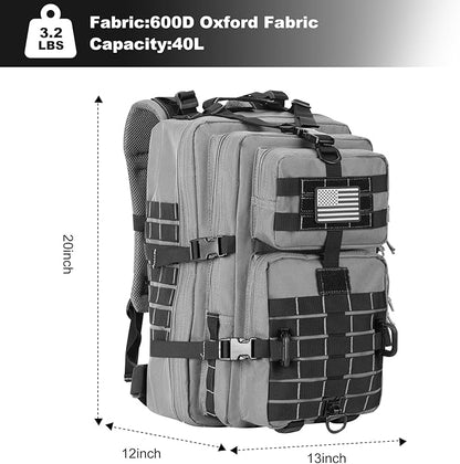 MOLLE Assault Backpack, Tactical Backpack Military Army Camping Rucksack, 3-Day Pack Trip w/USA Flag Patch, D-Rings Grey and Black