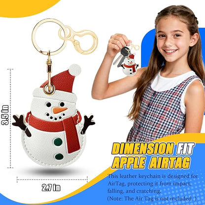 Leather Keychain for Airtag, Cute Protective Keychain Holder Compatible with Apple Air Tag,GPS Item Tracker Case Cover for Keys,Bags,Pets,Luggage(Snowman)