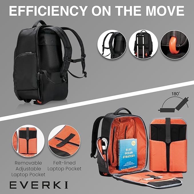 EVERKI Atlas 30L Wheeled Laptop Backpack – Carry-On Travel Backpack for Women & Men – Fits 13 to 17.3-Inch Laptops with Adjustable Compartment – Rolling Backpack for Travel – Black (EKP122)