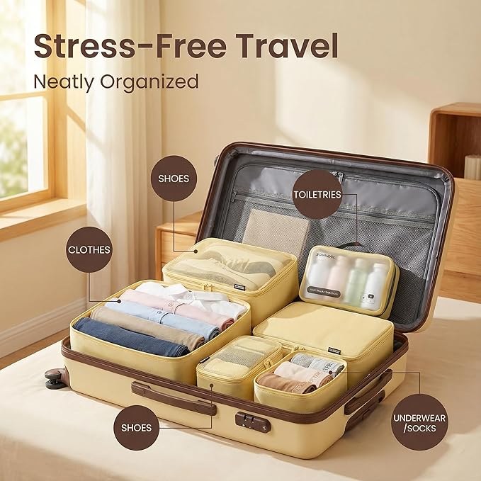 Compression Packing Cubes for Travel, 6-Piece Set (L/M/S), Double-Zip Luggage Organizers with Mesh Panels, Space-Saving Clothes Storage Bags for Suitcase & Carry-On (6 Pack, Bright Yellow)