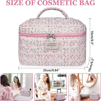 Large Makeup Bag, Cute Cosmetic Bag for Women Girls, Floral Coquette Aesthetic Toiletry Bag, Travel Make Up Organizer Bag(Small Pink Floral