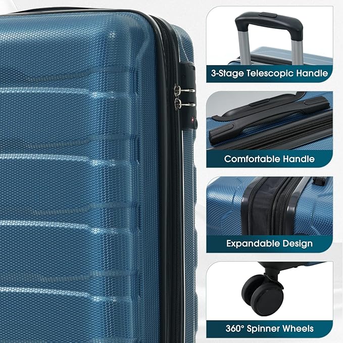 Hardshell Checked Luggage with Spinner Wheels, Expandable ABS Suitcase with TSA Lock, Travel Luggage with Telescopic Handle (Blue, 20 Inch)