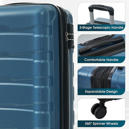 Hardshell Checked Luggage with Spinner Wheels, Expandable ABS Suitcase with TSA Lock, Travel Luggage with Telescopic Handle (Blue, 20 Inch)