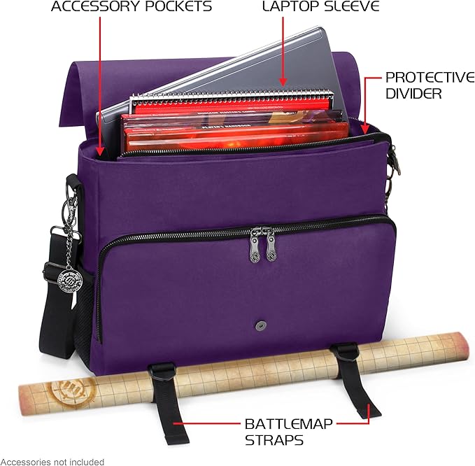 ENHANCE Collector's Edition RPG Player's Essentials DnD Bag - Dragon Hide Exterior Messenger Bag Fits 2-4 Books, Binders, Dice & Accessories, with 17 inch Laptop Slot, Battlemap Straps (Dragon Purple)