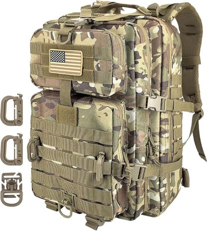 MOLLE Assault Backpack, Tactical Backpack Military Army Camping Rucksack, 3-Day Pack Trip w/USA Flag Patch, D-Rings, Cp
